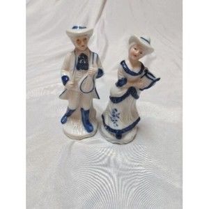 Vintage Blue & White Harp Mandolin Couple Musicians Victorian Style 5.5 Tall